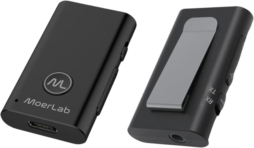 MoerDuo Auracast Audio Transceiver  2-in-1 Wireless Transmit & Receive Adapter with Line-in/Out, USB Audio, Built-in Mic  Low Latency, Multi-Device Broadcast, 22H Battery Life (1 Piece Set)