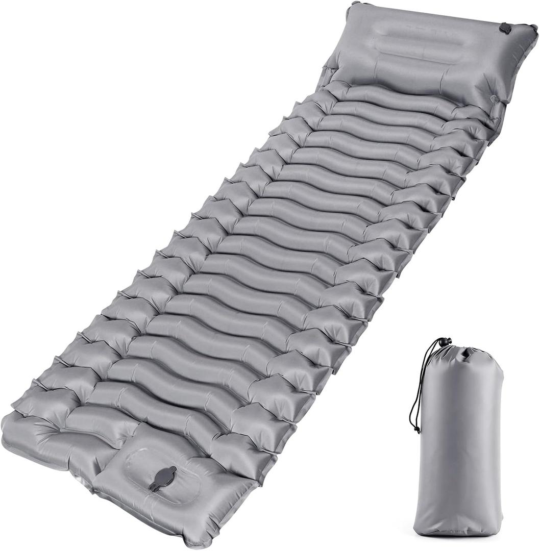 Sleeping Pad, Ultralight Inflatable Sleeping Mat with Pillow & Foot Pump, Extra Thick Compact Camping Mattress for Hiking, Backpacking & Tent Use(Gray), Single