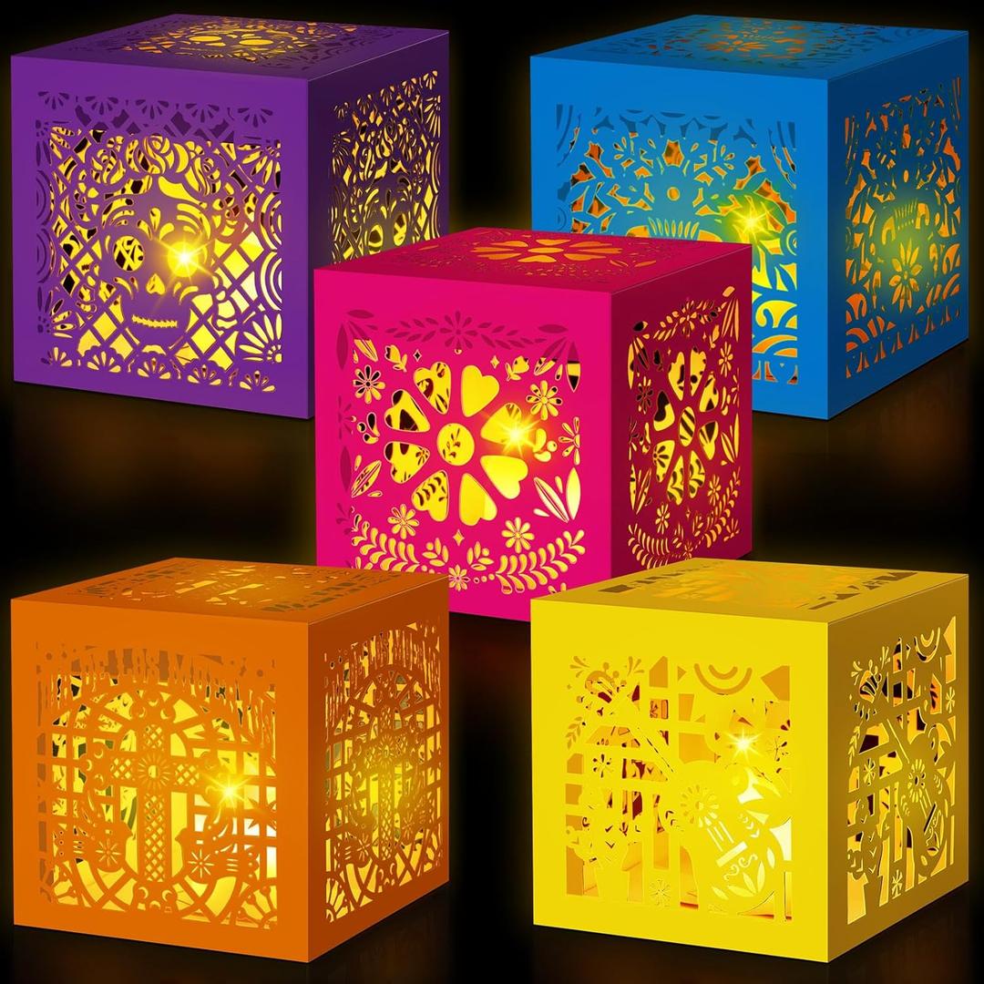 Pasimy 30 Pcs Day of The Dead Decorations Sugar Skull Candle Holder Boxes Decorative Hollowed Paper Boxes Luminary Bags for Halloween Dia De Los Muertos Party Decor Supplies, 5 Styles (Light,Retro)