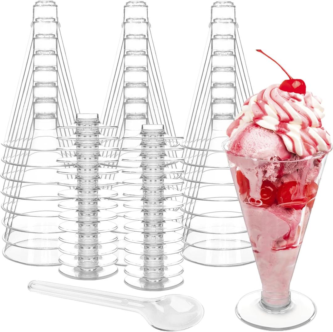TOFLEN 40 Pack Disposable Plastic Martini Glasses, 6 oz Tall Dessert Cup with Spoons Reusable Cocktail Shooters for Party Wine, Champagne, Parfait, Appetizers
