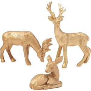DN DECONATION Reindeer Christmas Decoration Figurines  Vintage Gold Christmas Deer Statue with Faux Fur Texture  Resin Reindeer Christmas Decor for Table Centerpieces, Mantle & Indoor Decor - 3pcs (Set of 3)
