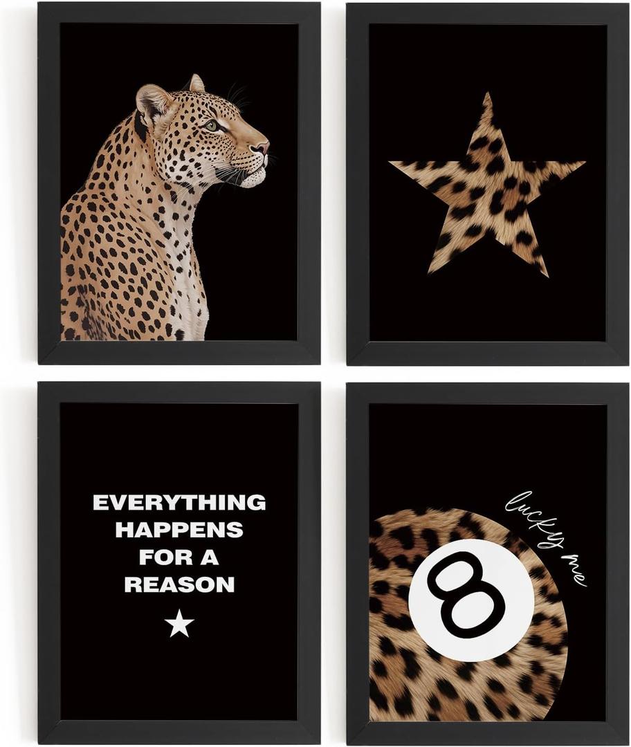 DSHFG Black Leopard Cheetah Prints Y2K Room Decor Funky Cheetah Posters for College Dorm Decor Wall Art Set of 4, Lucky 8 Ball Poster for Teen Girls Bedroom Bathroom Dorm 12x16 Unframed