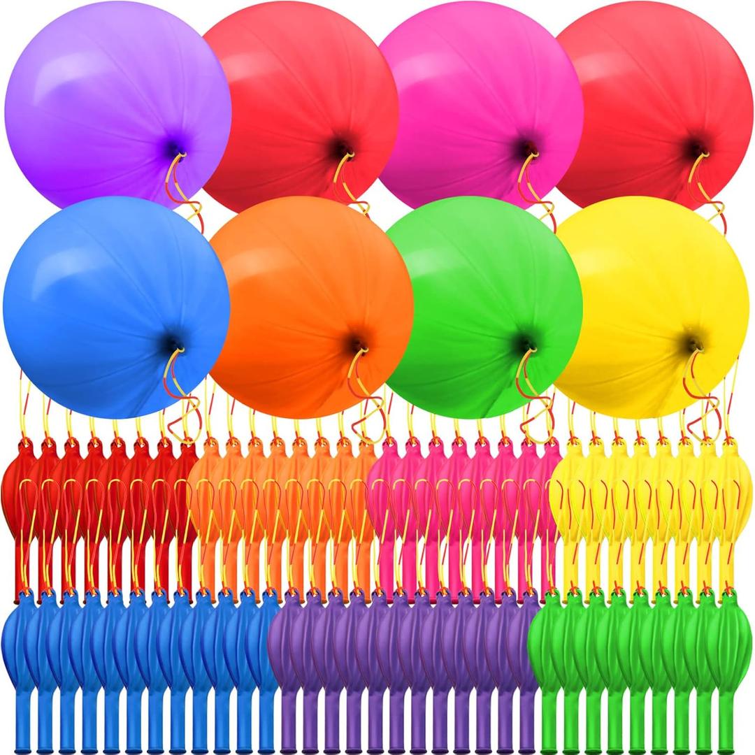 Chivao 150 Pcs Punch Balloons Assorted Colors Punching Balloons Party Neon Heavy Duty Bouncy Balls with Rubber Band Handle for Birthday Wedding Graduation Pool Party Christmas Supplies