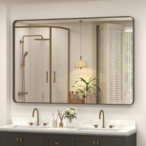 48x32 Bronze Framed Bathroom Mirror, Brushed Bronze Metal Vanity Mirror, Bronze Rectangle Mirror for Wall, Rounded Corner, Tempered Glass, Anti-Rust, Shatterproof (Horizontal/Vertical)