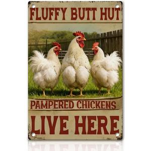 Chicken Decor Metal Signs Funny Chicken Coop Signs Rooster Decor Farmhouse Wall Art Sign Fluffy Butt Hut Pampered Chickens Live Here Tin Sign for Farm Kitchen Garden, Farm Style Gift, 12x8 Inc