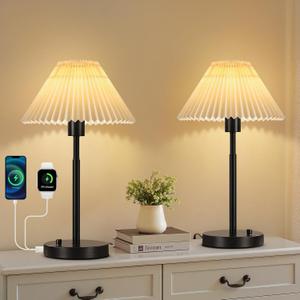 Bedside Table Lamp Set of 2: Dimmable Nightstand Bedside Lamps with USB A and C Ports, Modern Metal and Pleated Fabric Shade Black Desk Lamp for Bedroom Living Room Home Office Reading