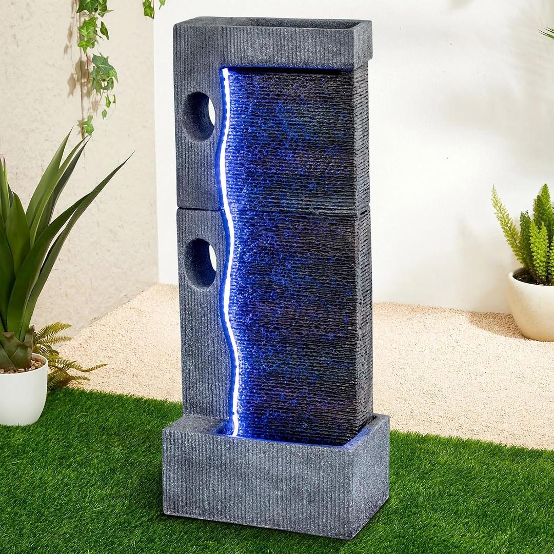 39.5" Modern Garden Waterfall Outdoor Floor Standing Fountain with Led Light Strip, Zen Large Water Fountain Waterfalls Fountain for Garden, Living Room, Patio, Home Art Decor, Office
