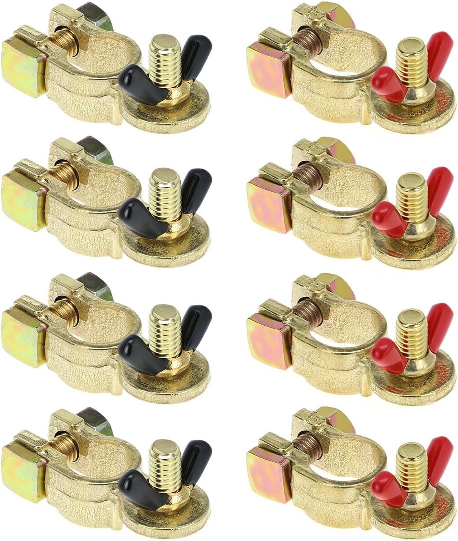 QWORK Brass Marine Grade Battery Terminal Top Post, 4 Pairs Battery Terminal Connectors, Battery Terminal Clamps for Boat Car RV, Fit All Standard Top of Post Batteries, 4 Positive + 4 Negative