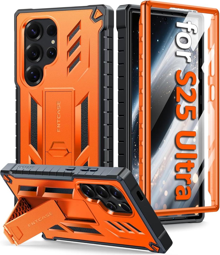 FNTCASE for Samsung Galaxy S25-Ultra Case: with [Built-in Screen Protector & Kickstand] [Military-Grade Drop Protection] Heavy Duty Protective Full Body Shockproof Rugged Sturdy TPU Phone Cover Orange