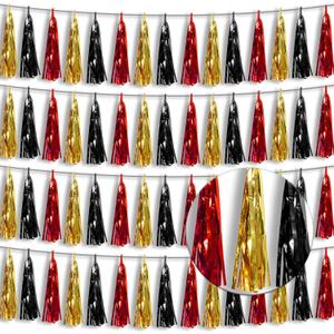 4P Red-Black Gold Foil Fringe Tassel Banner Garland Metallic Tinsel Streamers Wall Hanging Curtain Backdrop Banners for Parade Floats, 2025 Graduation Decorations, Baby Bridal Shower Party Decoration