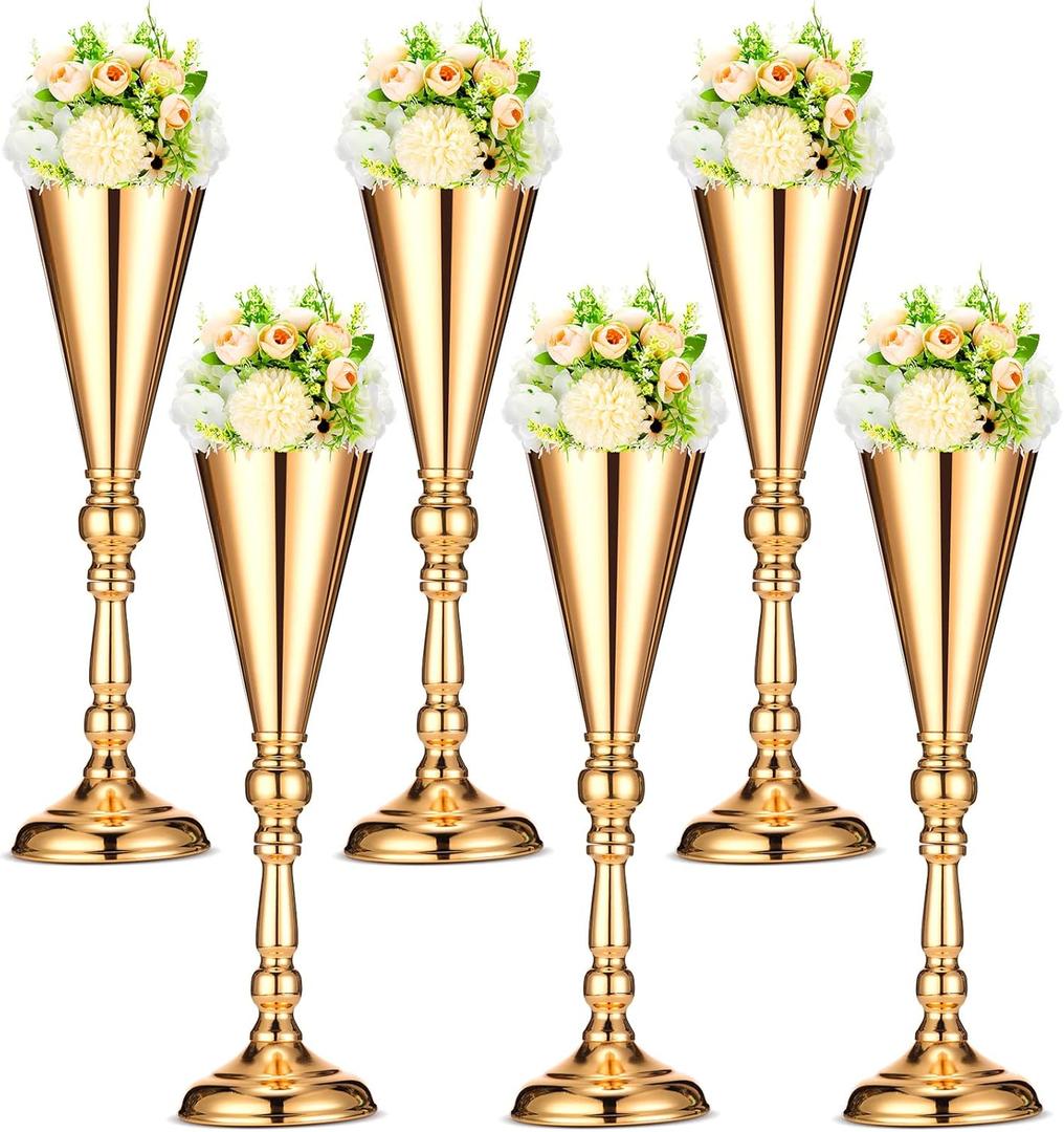 Potchen 6 Pcs Flower Trumpet Gold Vase Tabletop Centerpiece Gold Tall Flower Vases Bulk Wedding Table Decorative Centerpiece Table Decorations Arrangements for Floral Party Anniversary Birthday(L)