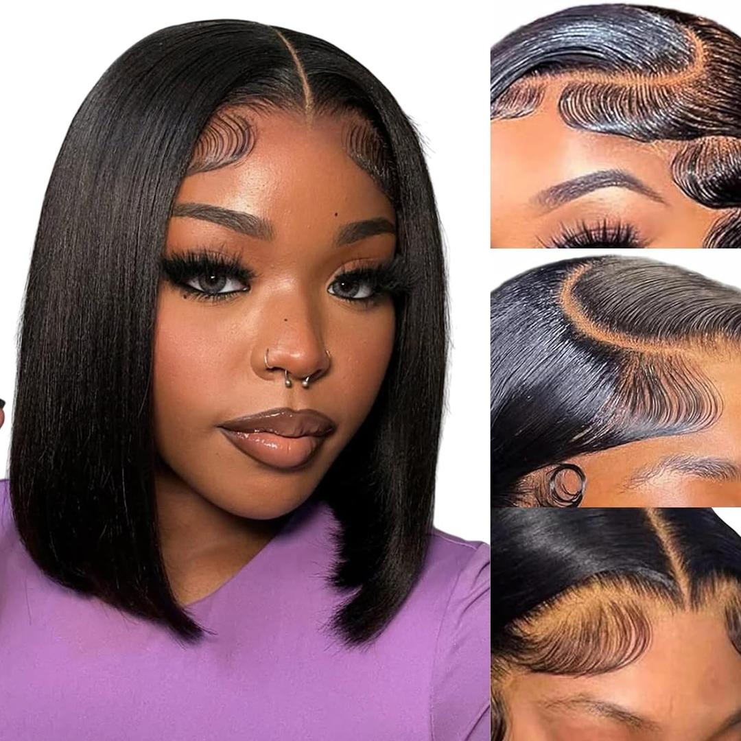 EQ DUOUPA Bob Wig Human Hair 13x4 HD Lace Frontal Short Straight Lace Front Bob Wigs for Black Women Human Hair Pre Plucked Glueless Side Part 180 Density Black Color 10 Inch