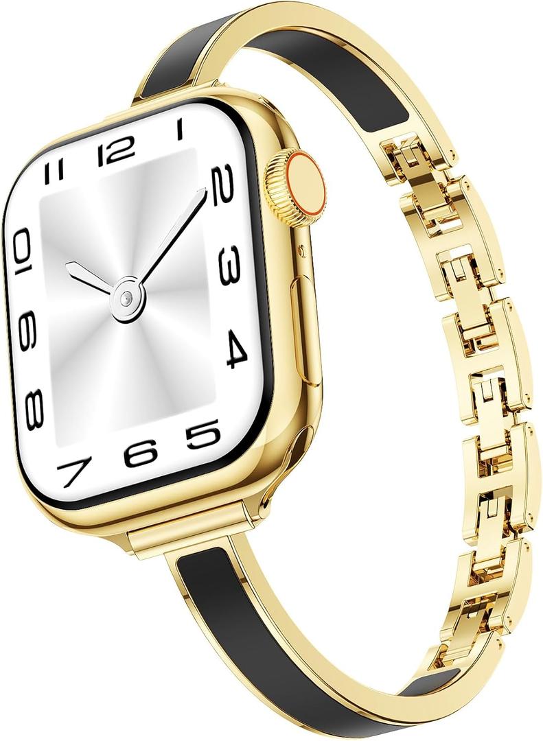 Mosonio Slim Bracelet Bands for Apple Watch Women, Elegant Thin Metal Band with Embedded Silicone Accents Compatible with Apple Watch Ultra / Series 11 10 9 8 7 6 5 4 SE 3 2 1, Easy-Adjust Link Strap for iWatch 49mm 46mm 45mm 44mm 42mm 41mm 40mm 38mm (Gold + Black)