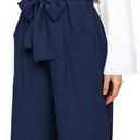FANCYINN Womens 2 Piece Crop Pants Set V Neck Long Sleeves Tops High Waisted Cropped Paper Bag Pants with Belt Navy Blue Pants & White Blouse Top, XL