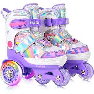 SULIFEEL Rainbow Unicorn 4 Size Adjustable Light up Roller Skates for Girls Boys for Kids (X-Small - Toddler, Z Toddler Purple)
