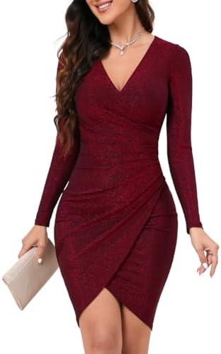 ihot Women's Glitter Party Dresses Sexy V Neck Long Sleeve Faux Wrap Ruched Bodycon Sparkly Night Club Dress, Large