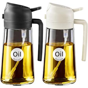 YARRAMATE 2Pcs 16oz/470ml 2 in 1 Oil Sprayer for Cooking with Stickers, Food-grade Glass Oil Spray Bottle, Oil Dispenser and Oil Sprayer for Kitchen, Salad, Frying, BBQ (White &Black)