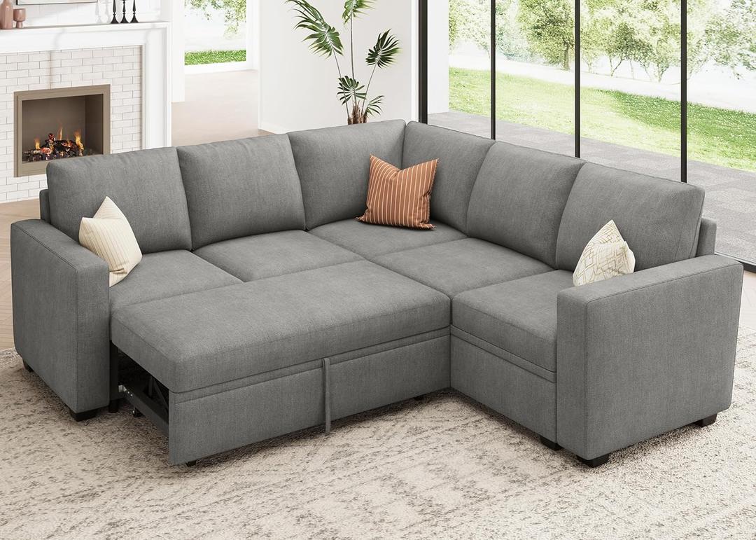 HONBAY Modular Sectional Sleeper Sofa with Pull Out Bed, Chenille L Shaped Couch with Storage Seats, Convertible Sectional Couches for Living Room, Warm Grey