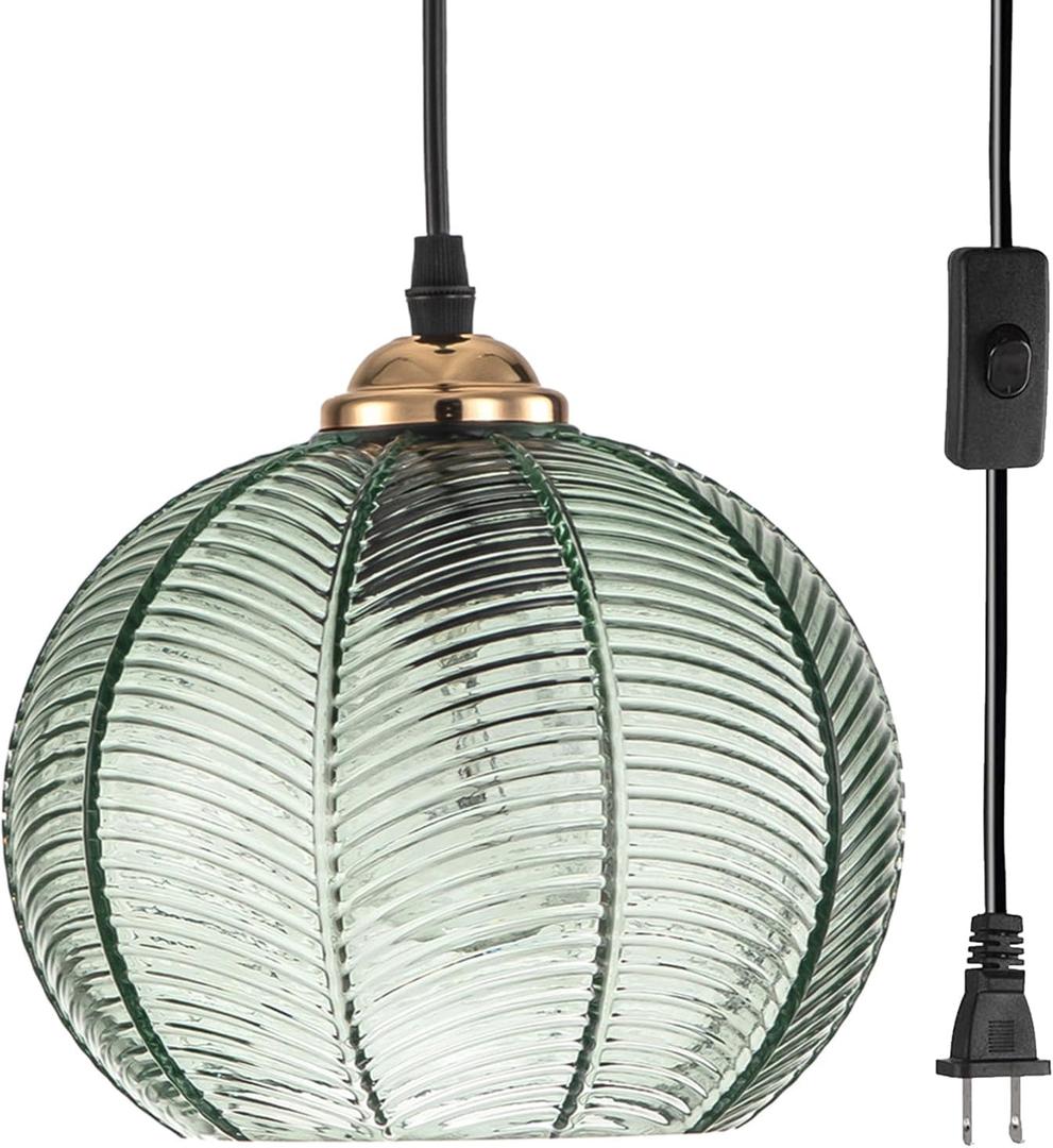 Plug in Pendant Light, Green Glass Pendant Light 14.75ft Hanging Light with Plug in Cord Hand Blown 1-Light Hanging Lamp Plug in Pendant Lighting for Kitchen Bedroom Living Dining Room