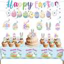 Easter Party Decorations 33PCS Kit Bunny & Egg Banner, Cake & Cupcake Toppers, Hanging Swirls & Tablecloth for Family Spring Party