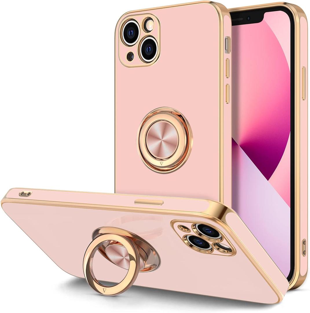 Hython for iPhone 13 Case with Ring Stand [360Rotatable Ring Holder Magnetic Kickstand] [Plated Rose Gold Edge] Slim Soft TPU Cover Luxury Protective Phone Case for Women Girls, Pink