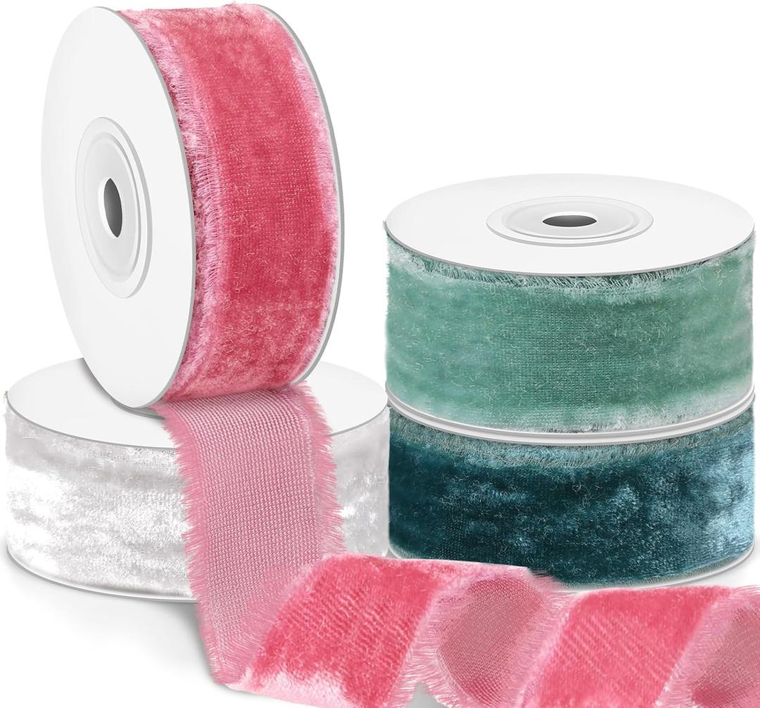 Preboun 4 Rolls Christmas Velvet Ribbon Total 24 yd Christmas Decorations Gift Wrapping Fringe Ribbon Raw Edge Frayed DIY Party Decor(1 Inch,Charming Color)