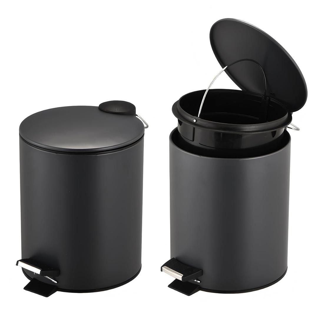 URALFA Pack of 2 Small Bathroom Trash Can with Lid Soft Close, Step Pedal, 5 Liter / 1.3 Gallon Stainless Steel Slim Garbage Can for Bedroom, Diaper Waste Basket with Removable Inner Bucket (Matte Black)