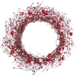J'FLORU Valentines Day Wreaths for Front Door 20 Inch Valentines Day Wreath Valentines Wreath with Cute Hearts and Berries Valentines Day Gifts Anniversary Wedding Decorations (Red/Pink)