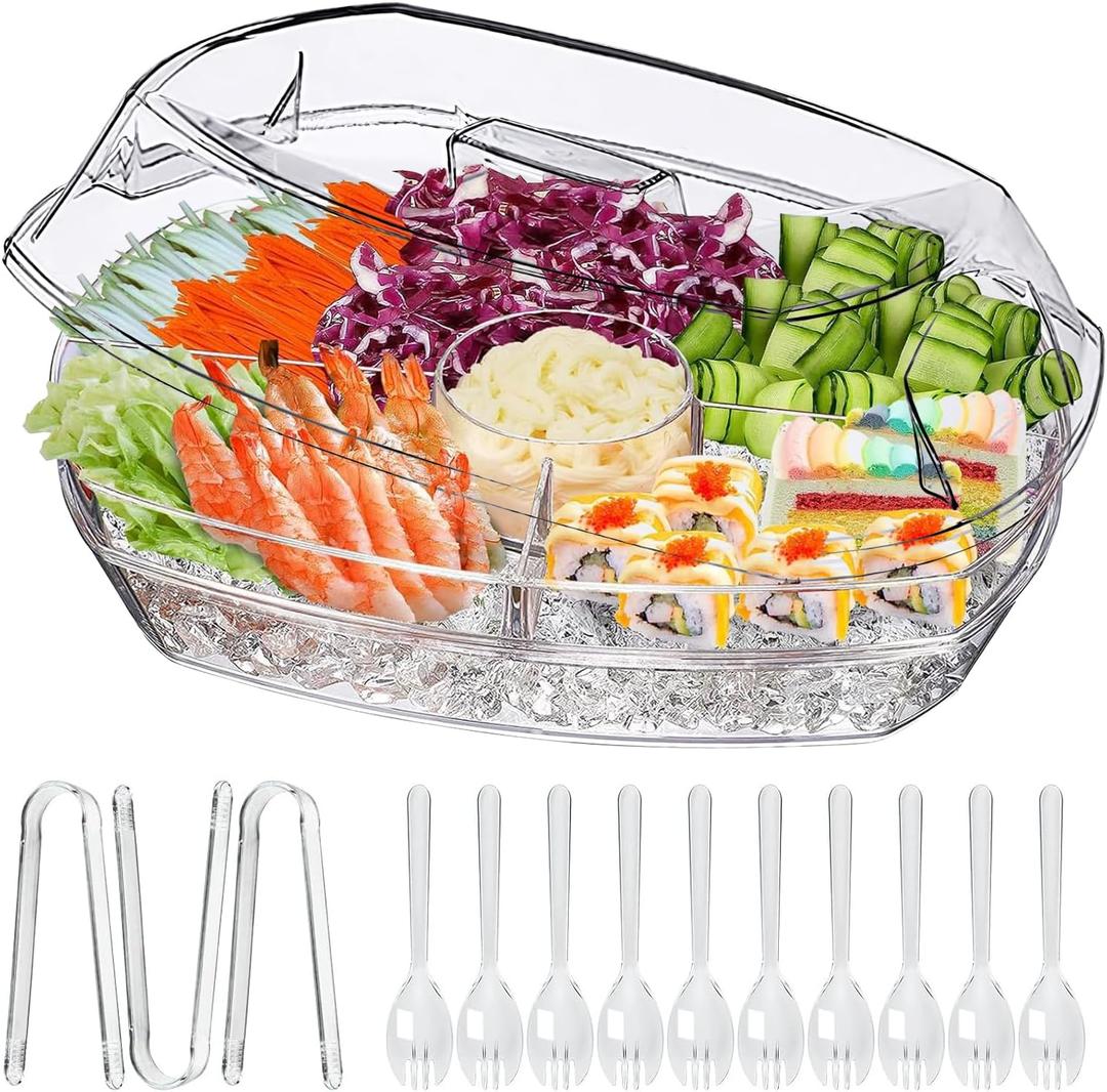 Chilled Serving Tray with 10 Forks and 3 Non-Slip Tongs, Clear Fruit Platter, Shrimp Cocktail Serving Dish, Ice Serving Platters, Cold Dish for Party, Fruit, Veggie, Appetizer, Sushi