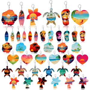 Bucherry 36 Pcs Beach Summer Party Favors Keychain Gifts Bulk Wooden Surfboard Sea Turtle Coconut Tree Christian Religious Key Ring for Hawaiian Luau Florida Bahamas Souvenirs Supplies(Cute Style)
