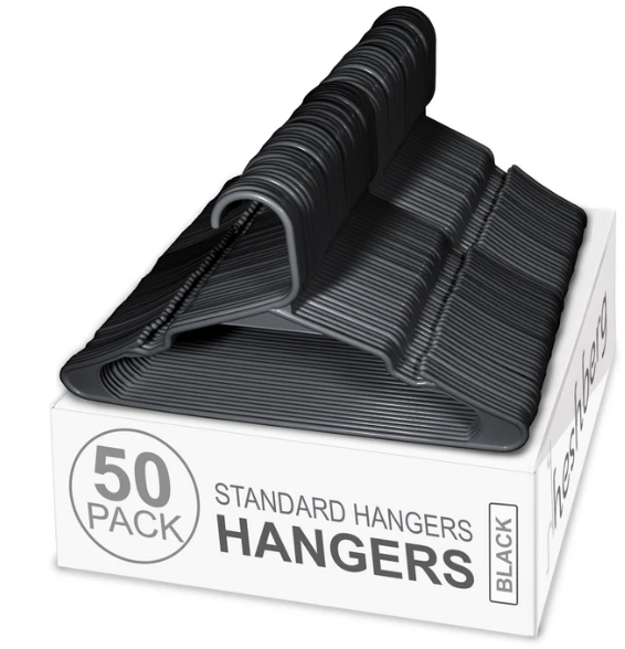 Heshberg Home Plastic Hangers 50 Pack with Hooks - Space Saving Tubular Clothes Hangers Standard Size Ideal for Everyday Use - Black