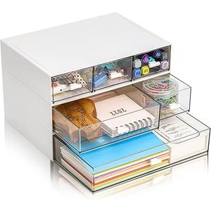 Lyellfe 2 Tier Small Desk Organizer with Drawer, Stackable Desktop Storage Box, Portable Size Office Supplies Jewelry Storage Case, Makeup and Stationary Organizer for Cosmetic, School Supply