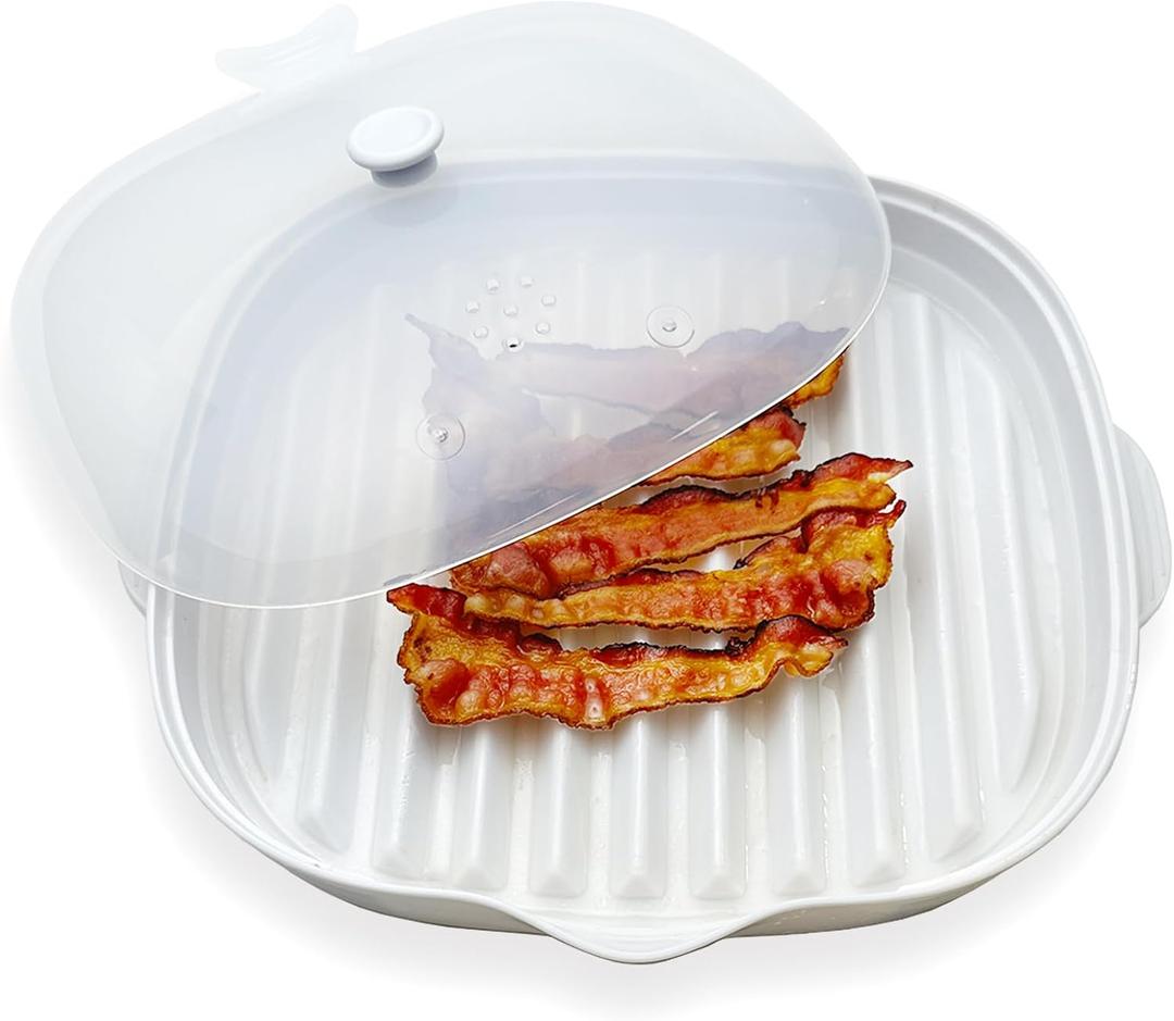 Microwave Bacon Cooker Tray, Microwavable Bacon Grill with Splatter Lid, Make Crispy in Minutes, Length:9inch (White)
