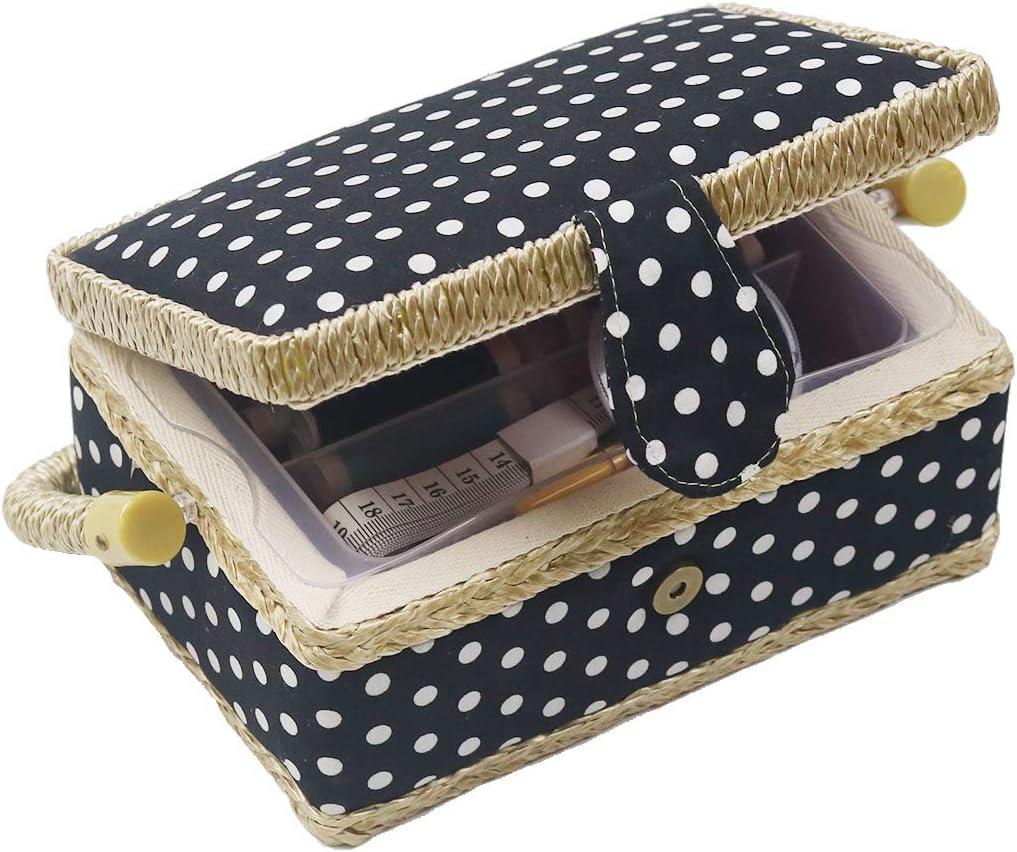 Sewing Basket Kit Sewing Box with Mini Sewing Accessories for Kids, Small (Black Polka Dot)