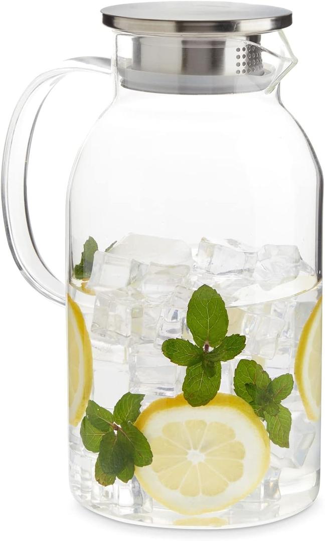 Okuna Outpost Glass Pitcher with Lid for Guests - 2.0-Liter (68 oz), Clear - Heat-Resistant Beverage Dispenser with Spout - Water & Iced Tea Pitcher - Kitchen & Refrigerator Organization