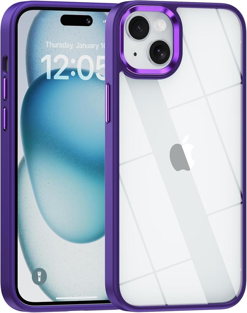 for iPhone 15 case,Crystal Clear Hard PC Back +Soft TPU Frame Shockproof Military-Drop Protection,Classic Hybrid Case for iPhone 15-6.1"Dark Purple