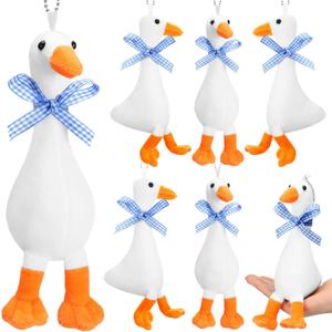 6 Pcs One Silly Goose Party Favors Stuffed Animal 6 Inch Adopt a Goose Party Favor Gift Plush White with Collar Soft Stuffed Funny Duck Gift for Birthday Supplies Decorations (Blue Ribbon)