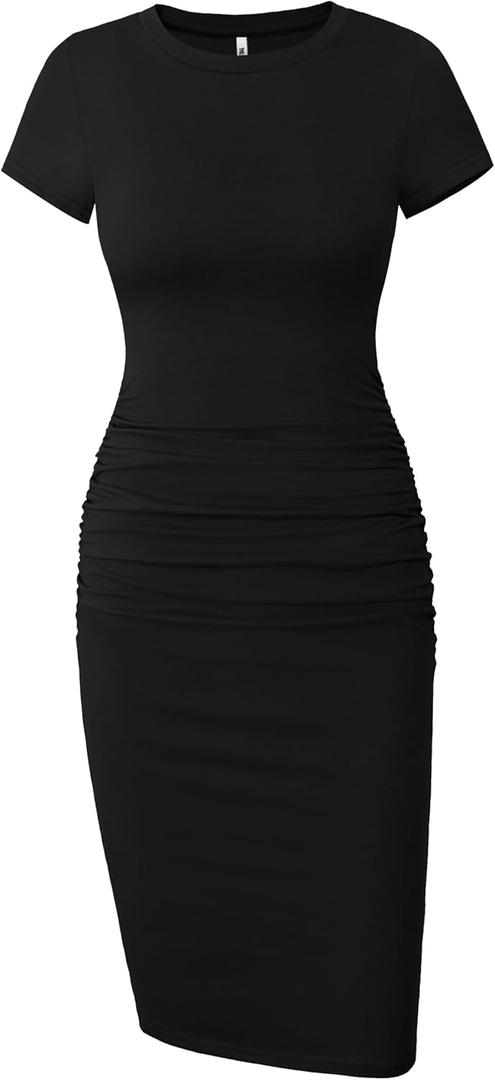 Missufe Women's Short Sleeve Ruched Casual Sundress Midi Bodycon T Shirt Dress (X-Large, Black)