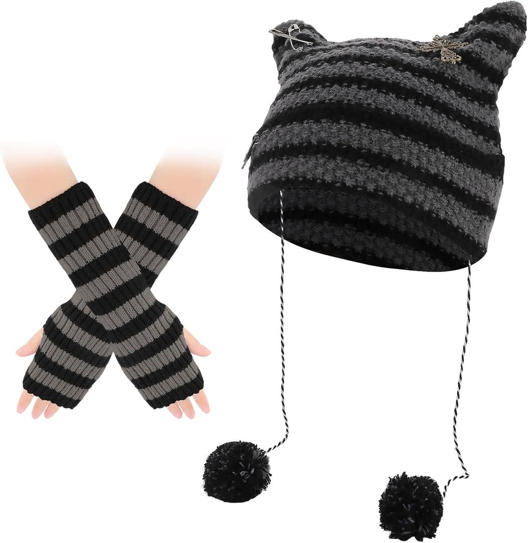 Y2k Beanie Cat Knitted Hats for Women Girls Cute Striped Arm Warmers Gothic Grunge Hat Accessories (One Size, Black Gray)