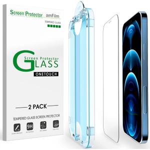 amFilm OneTouch Screen Protector for iPhone 12 Pro Max (6.7", 2020) with Easy Installation Kit, Tempered Glass, 2 Pack