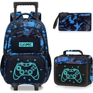 Gamer Rolling Backpack for Boys - 3PCS Boys Rolling Backpack with Lunch Box Set for Kids Children Teens Elementary Middle School,Glow in The Dark Roller Bookbag with Wheels for Age 6-18
