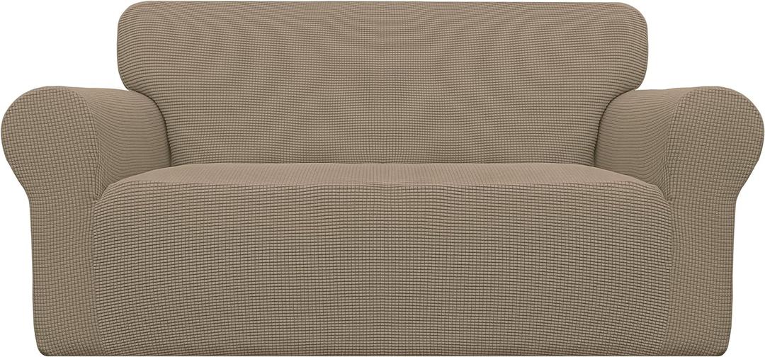 Easy-Going Stretch Oversized Loveseat Slipcover 1-Piece Sofa Cover Furniture Protector Couch Soft with Elastic Bottom for Kids Polyester Spandex Jacquard Fabric Small Checks Natural