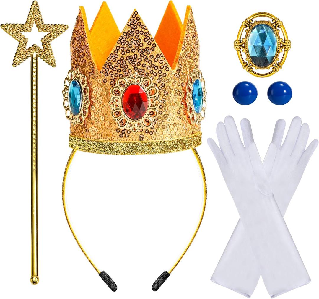 woxafo 5PCS Princess Crown Accessories, Princess Tiara Headband/Wand/Gloves/Brooch/Earrings for Girls Women Halloween Cosplay Party Dress Up