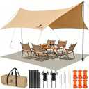 Camping Tarp with Poles & Retainer, 14.5x11FT PU9000mm Waterproof 210D Oxford Cloth Camping Awning, UV Blocking Rate 99.99% Camping Canopy Tent Tarp for Outdoor, Hammock, Car, Picnic (Khaki), 14.511FT