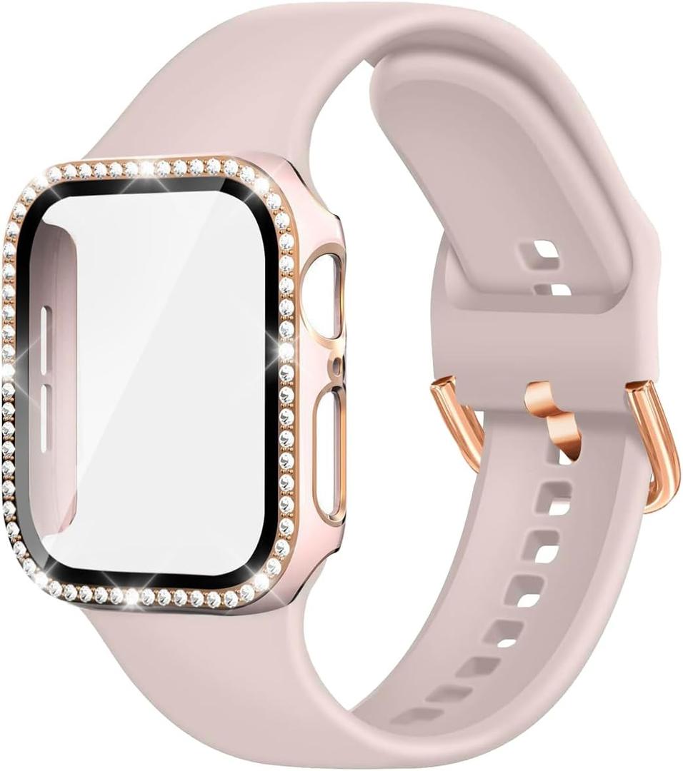 Compatible with Apple Watch Band and Case 38mm 40mm 41mm 42mm 44mm 45mm Women, Soft Silicone Bands and Bling Diamond Case & Glass Screen Protector for iWatch Series 9 8 7 6 5 4 3 2 1 and SE (Pink)