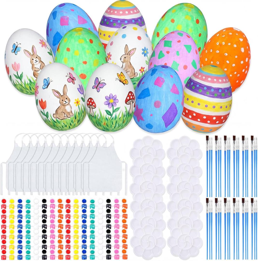 Teyva Daily 84 Pcs Mess-Free Easter Egg Painting Kit - 12 Large Foam Eggs with Acrylic Paints, 36 Brushes, 12 Palettes and Aprons for Kids Adults DIY Easter Crafts Party Gifts
