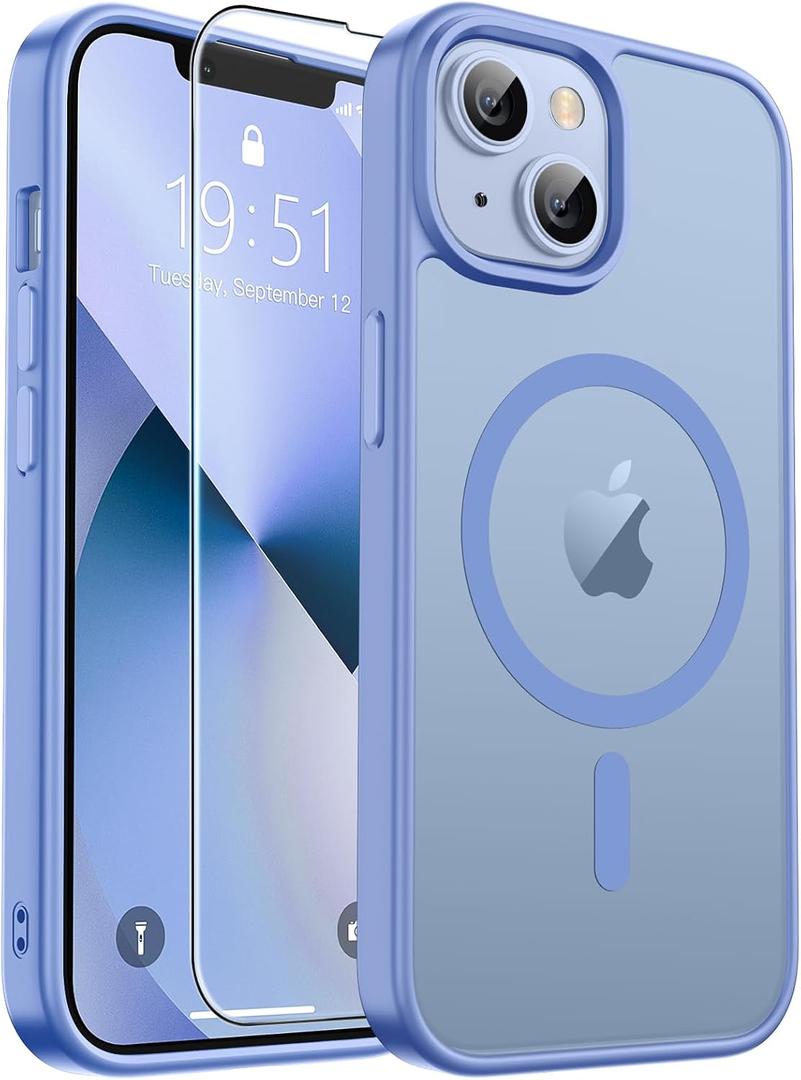 zapica Magnetic for iPhone 13 Case & iPhone 14 Case, with [Tempered Glass Screen Protector] [Compatible with MagSafe] Translucent Matte Shockproof Anti-Scratch Phone Cover, Blue Purple