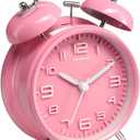 Peakeep 4 Inches Twin Bell Loud Alarm Clock for Heavy Sleepers Kids, Battery Operated Old Fashioned Alarm Clock (3D-Dial, Pink)