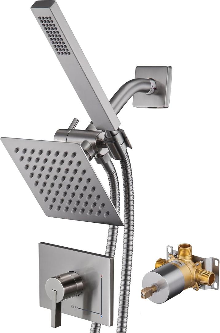 SOOOHOT Shower Faucet Set Dual Shower Heads with Handheld Spray Combo, All Metal 6" Dual Shower Head Combo and 3-Way Diverter, Shower Faucet Set with Valve (Brushed Nickel)