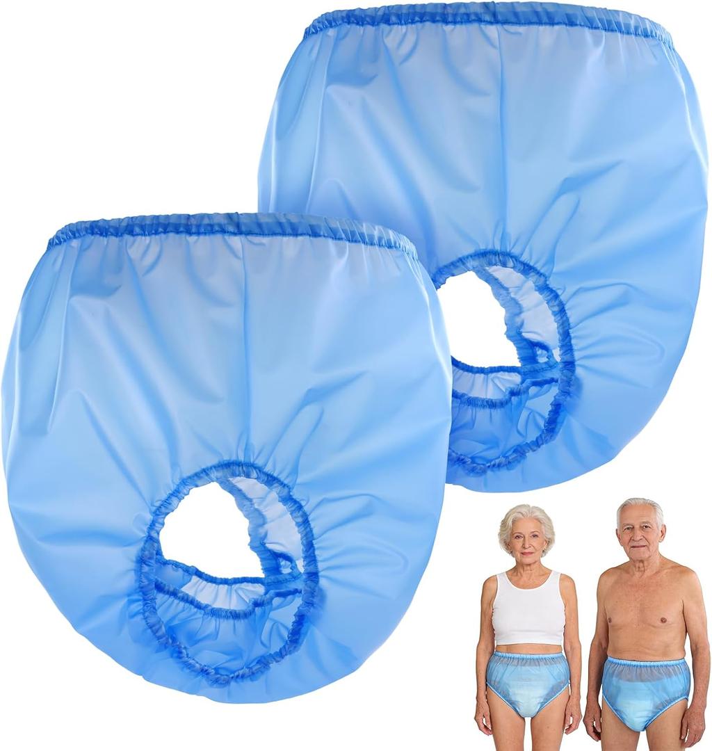 2 Pack Adult Incontinence Pants TPU Waterproof Diaper Cover, Plastic Pants for Adults with Side Leakage Protection, Reusable Rubber Pants Plastic Underwear for Men & Women (Blue, XXL)